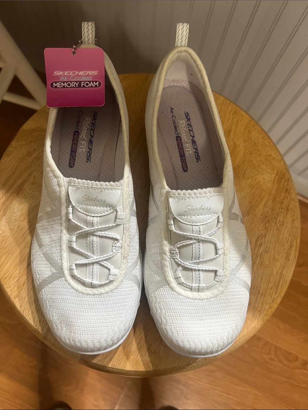 Skechers Women's White Slip-On Knit Sneakers with Memory Foam